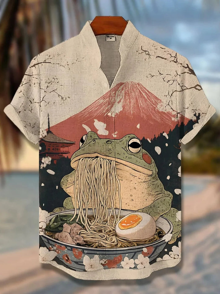 Men's Fashionable Stand-Up Collar Short-Sleeved Button-Up Cardigan Linen Breathable Hawaiian Beach Comfortable Shirt