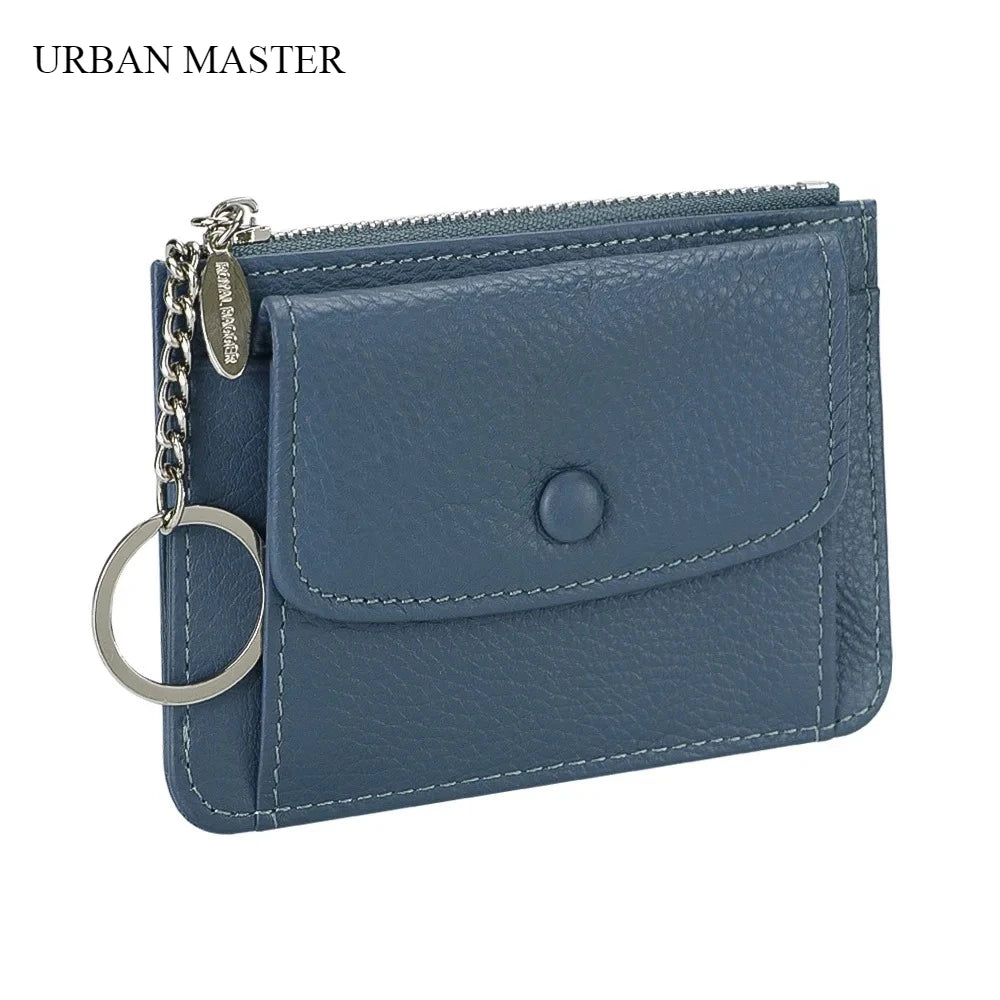 محفظة جلدية نسائية للبطاقات والعملات المعدنية مع سلسلة مفاتيح