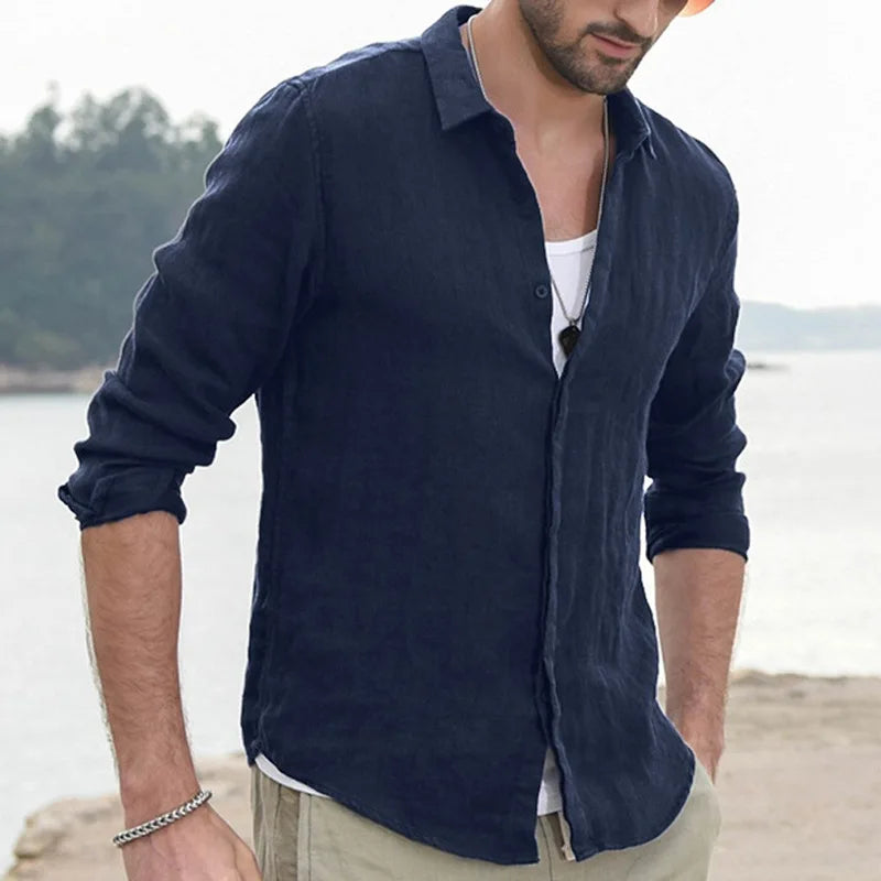 Men's Solid-Color Shirt - Made of Linen - With Standing Collar at the Cuffs - Lightweight Beach Shirt
