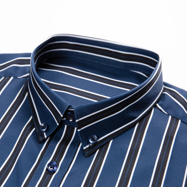 Men's Elegant  Striped Iron-Free Long Sleeve Dress Shirts - Breathable, Stretchy Casual Button Up Shirt For Formal Occasions