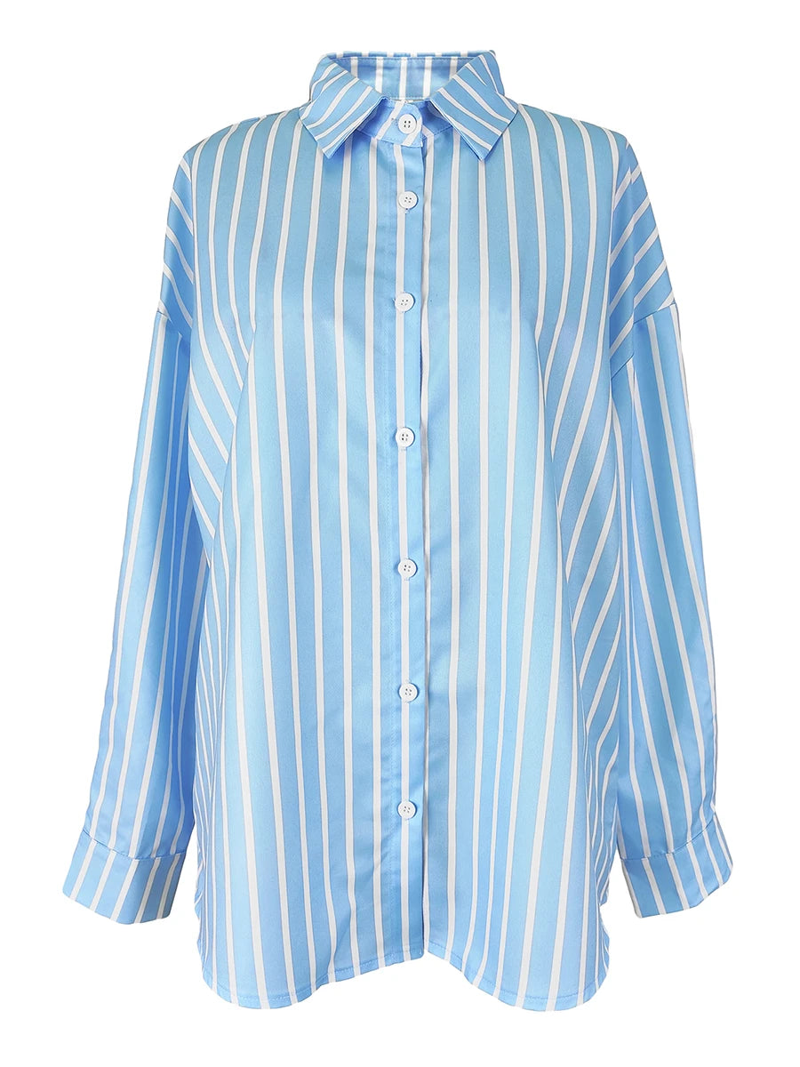 Women Striped Shirts Long Sleeve Casual Loose Button Up Blouses Turn Down Collar Tops Spring Autumn Office Lady Clothes Blusas