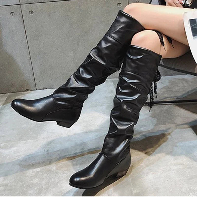 2024 Women’s Knee-High Boots – Pleated Leather, Low Heel, Casual Shoes