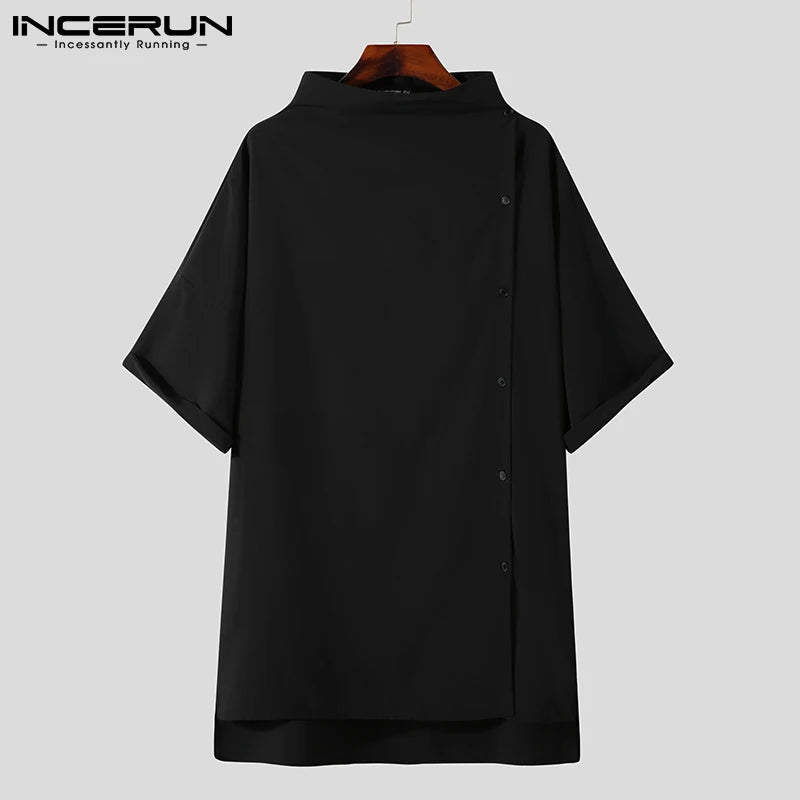Handsome Well Fitting Men's Casual Shirts Solid Color Turtleneck Half Sleeve Button Up Camisa Masculina S-5XL INCERUN Tops 2023