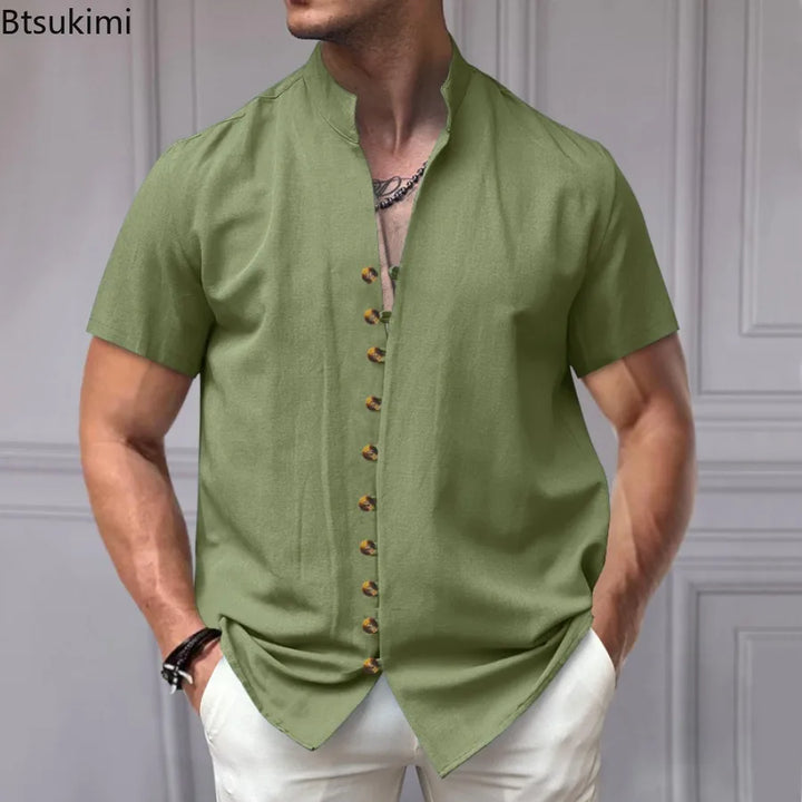 Summer New Short Sleeve Shirts for Men Fashion Solid Casual Linen Tops Breathable Stand Collar Loose Beach Blouses Men Clothing