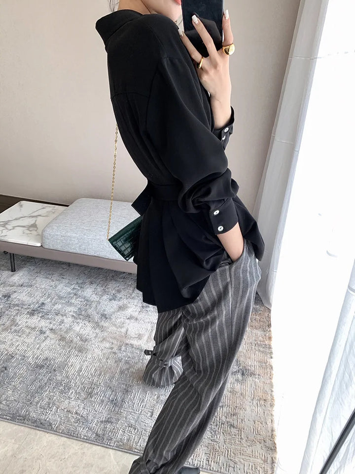 Elegant Women Shirts Woman Waist Long Sleeve Lapel Single Breasted Sashe Shirt Office Lady Business Pleated Ruched Blouses Tops