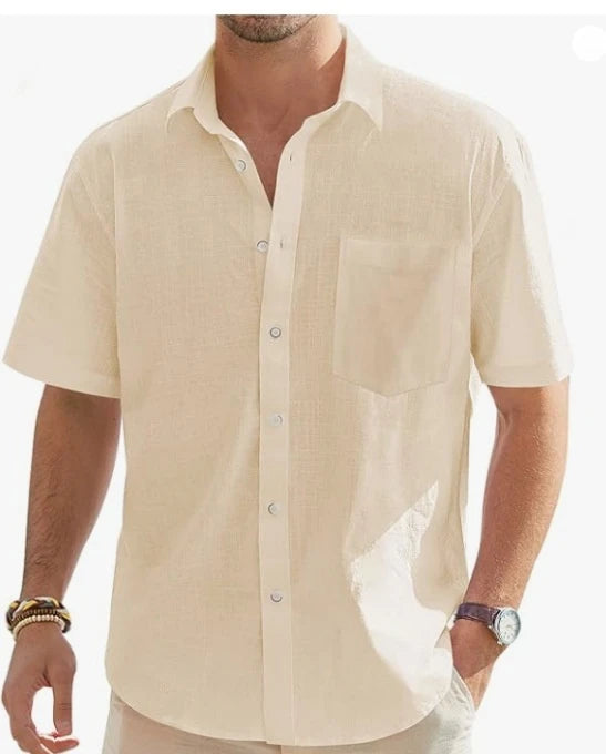 Men's Summer New Style European and American Fashion Classic Comfortable Breathable Cotton and Hemp Solid Color Top Shirt
