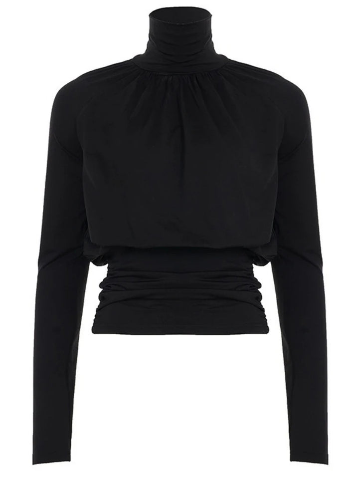 Solid Black T Shirts For Women Elegant Clothes Turtleneck Camisetas Lady Tops Long Sleeve Ropa De Mujer Shirring Feminist Shirt