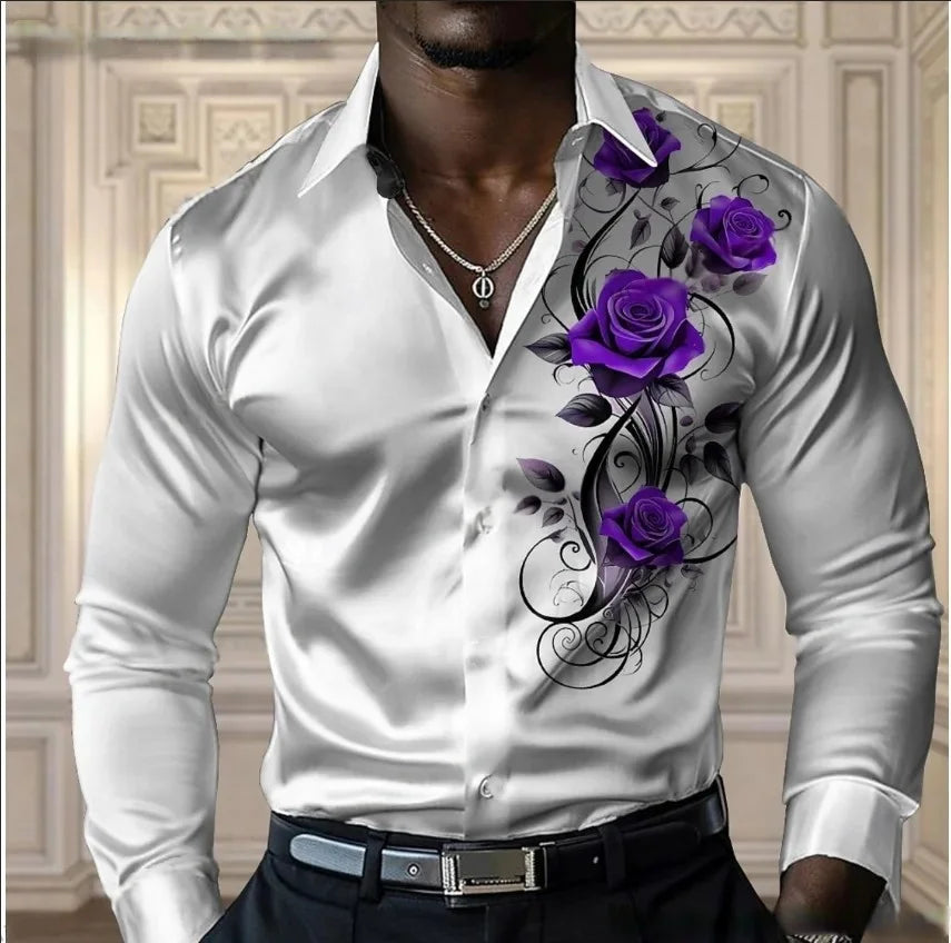 High-end Men's Rose Shirt, Casual and Comfortable Button-Down Long-Sleeved Shirt, Fashionable Four-Season Shirt, Plus-Size Desig