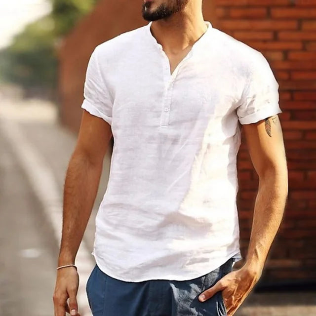 Summer Men's Short Sleeve Shirts Solid Color Stand Up Collar T Shirts Loose Casual Beach Shirt Breathable Male Linen Tops