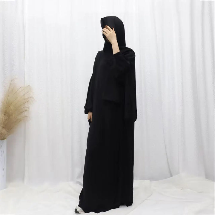 Abaya Dubai with Integrated Hijab Scarf Muslim Dress Women Zipper Front Side Pockets Islamic Clothing Modest Turkish Gown Casual