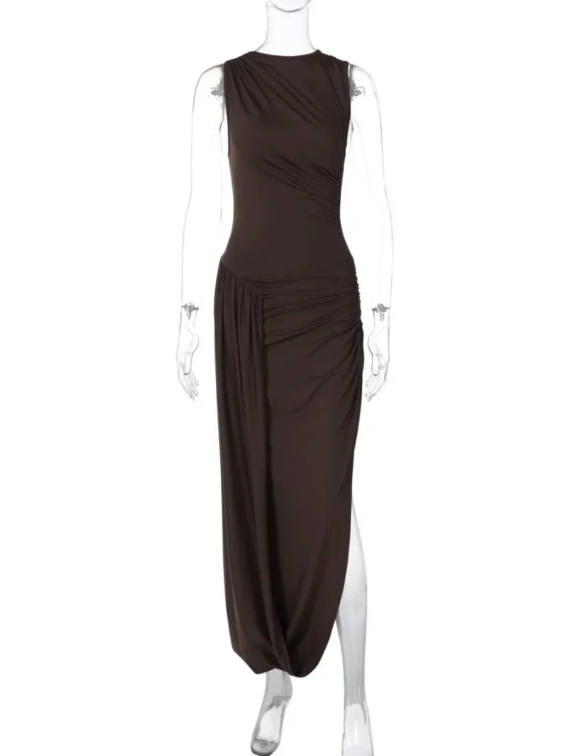 Woman Clothing O-neck Sleeveless Tunics High Slit Long Dress Streetwear Y2K Female High Waist Ruched Solid Holiday Party Dresses