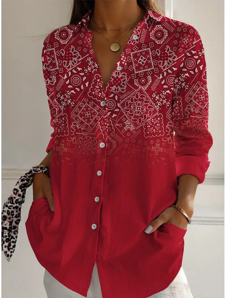 Women's Shirts Geometric Color Block Graphics Blouse Lapel Neck Blouse Women's Long Sleeve Shirts Womens Clothes Female Clothing