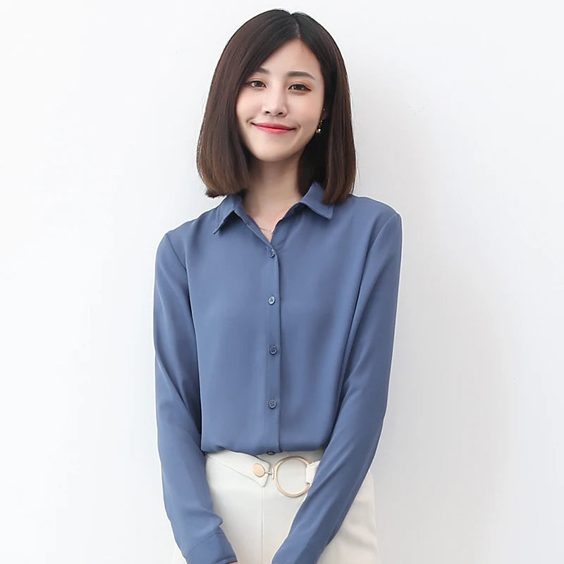 بلوزة شيفون بسيطة للنساء – بلوزة رسمية بأكمام طويلة