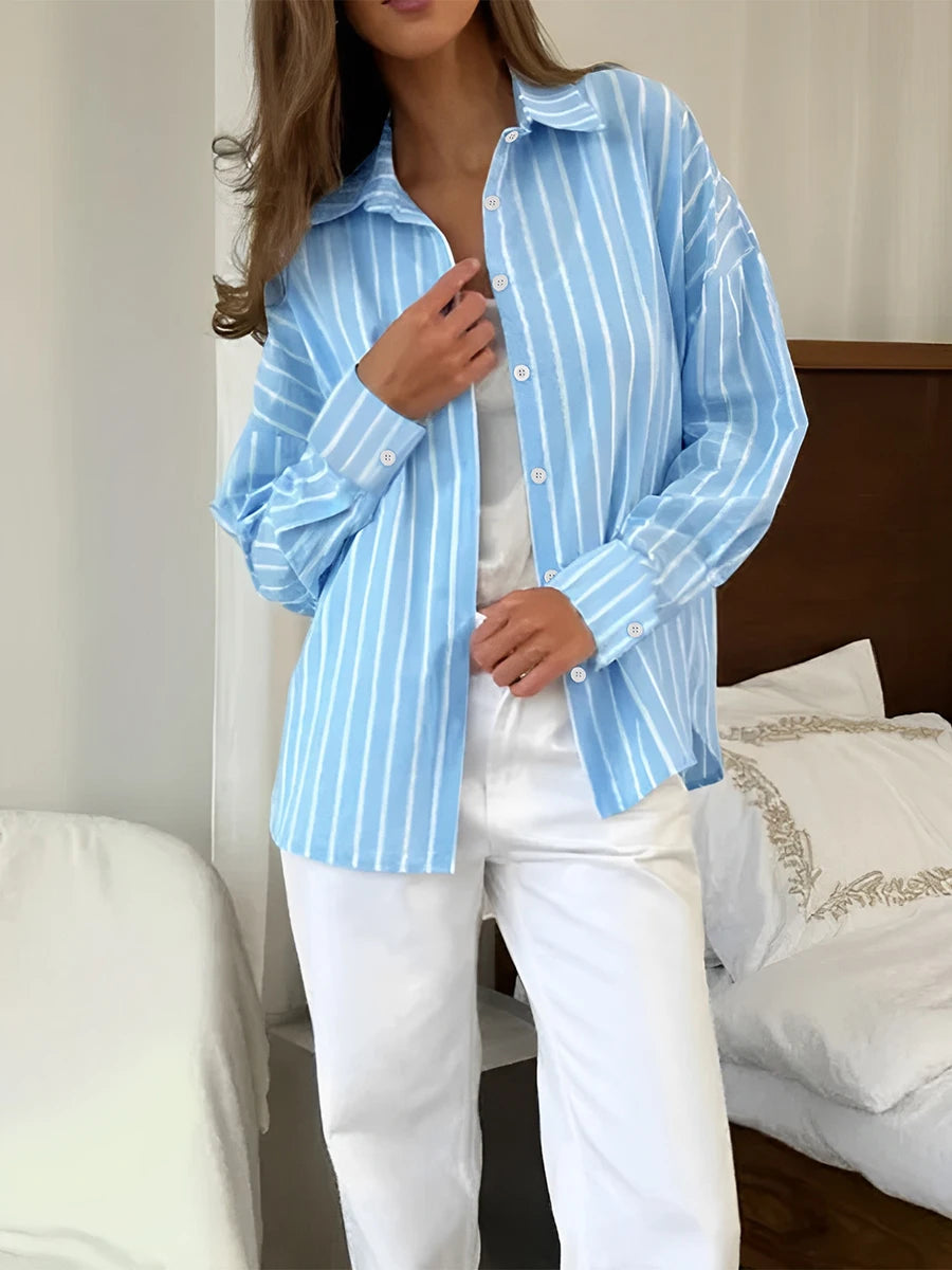Women Striped Shirts Long Sleeve Casual Loose Button Up Blouses Turn Down Collar Tops Spring Autumn Office Lady Clothes Blusas