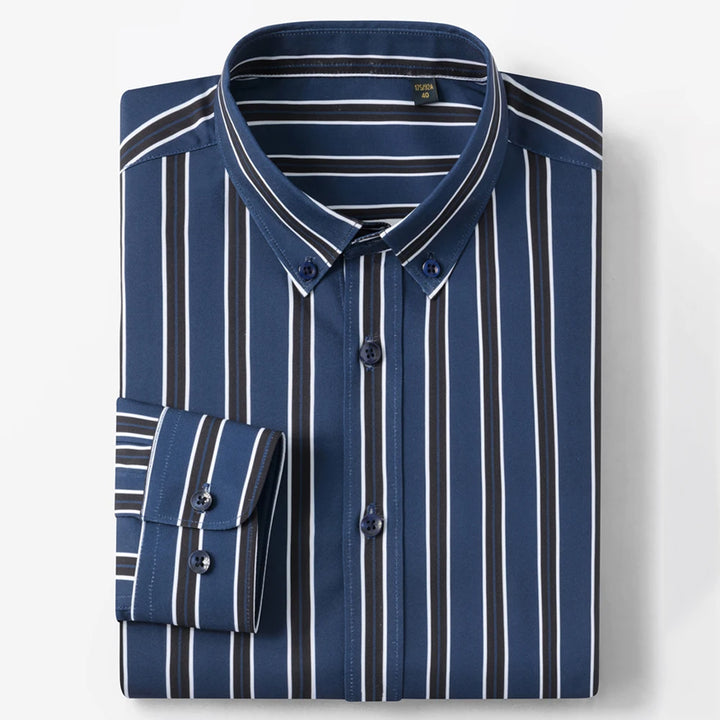 Men's Elegant  Striped Iron-Free Long Sleeve Dress Shirts - Breathable, Stretchy Casual Button Up Shirt For Formal Occasions