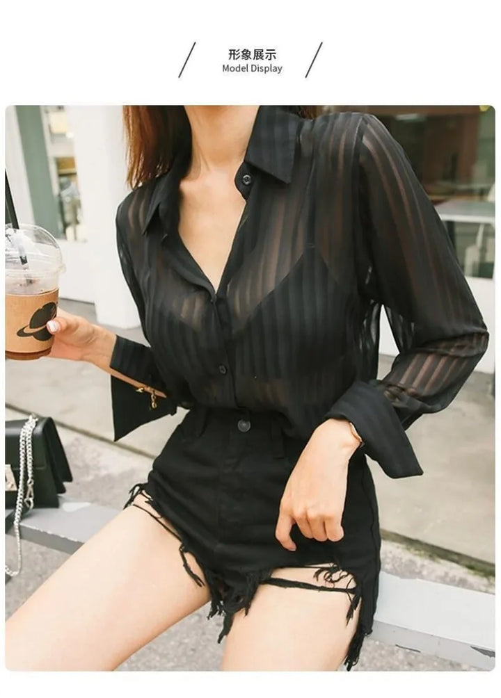 See Through Black Striped Shirts Women  Spring Summer Casual Long Sleeve Y2k Blusas Sexy Ladies White Chiffon Tops and Blouses