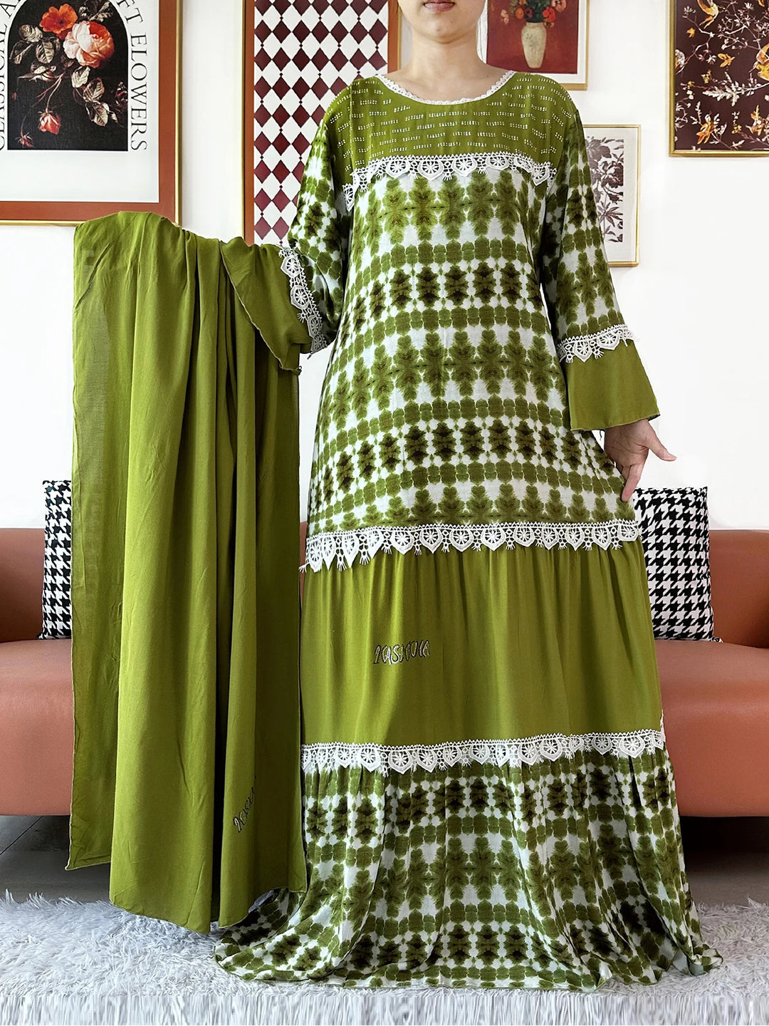 High Quality Women Party Kashkha Abaya Wave Floral Cotton Abaya African Boubou Muslim Loose Kaftan Maxi Dress with Big Shawls