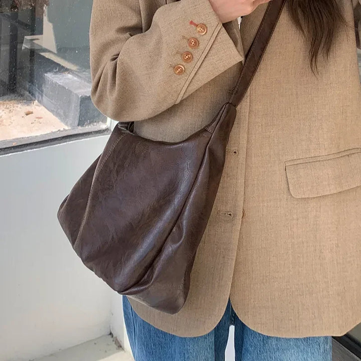 Women’s Soft PU Leather Tote – Foldable Slouchy Crossbody Handbag with Zipper
