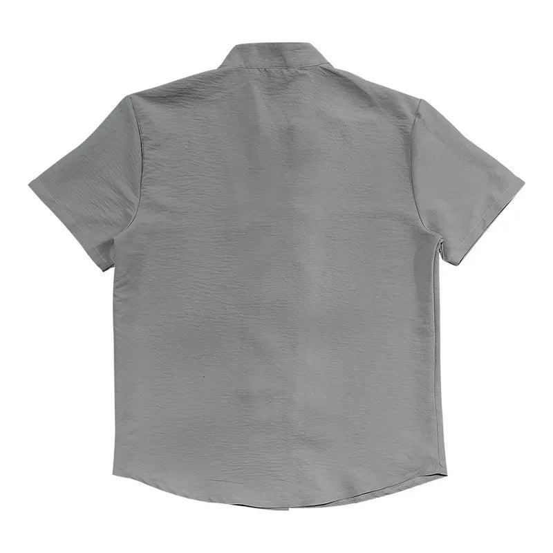 Summer New Short Sleeve Shirts for Men Fashion Solid Casual Linen Tops Breathable Stand Collar Loose Beach Blouses Men Clothing