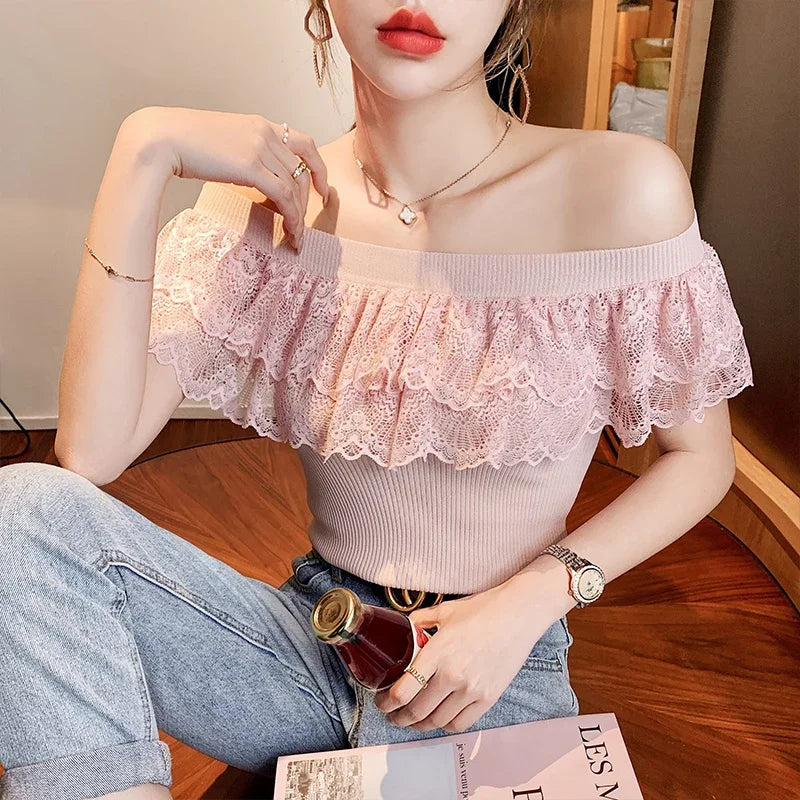 2024 Women’s Summer Blouse – Patchwork Lace Ruffles, Sweet Tunic Top