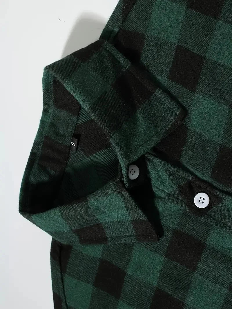 Mens Shirts Fashion Classic Plaid Cardigan Casual Shirt Long Sleeve Chest Two Pockets Turn-Down Collar Spring Autumn Men Tops