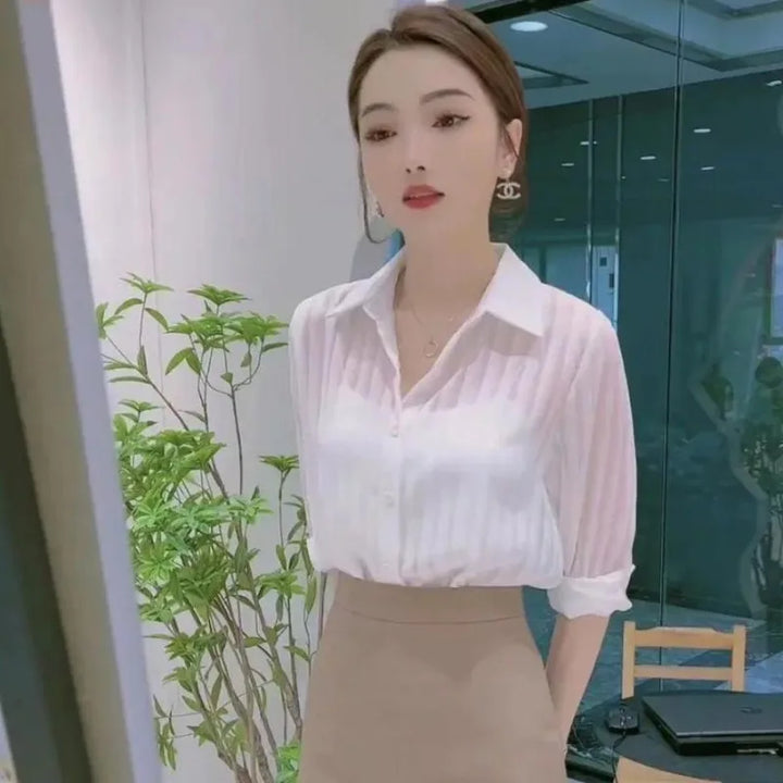 See Through Black Striped Shirts Women  Spring Summer Casual Long Sleeve Y2k Blusas Sexy Ladies White Chiffon Tops and Blouses