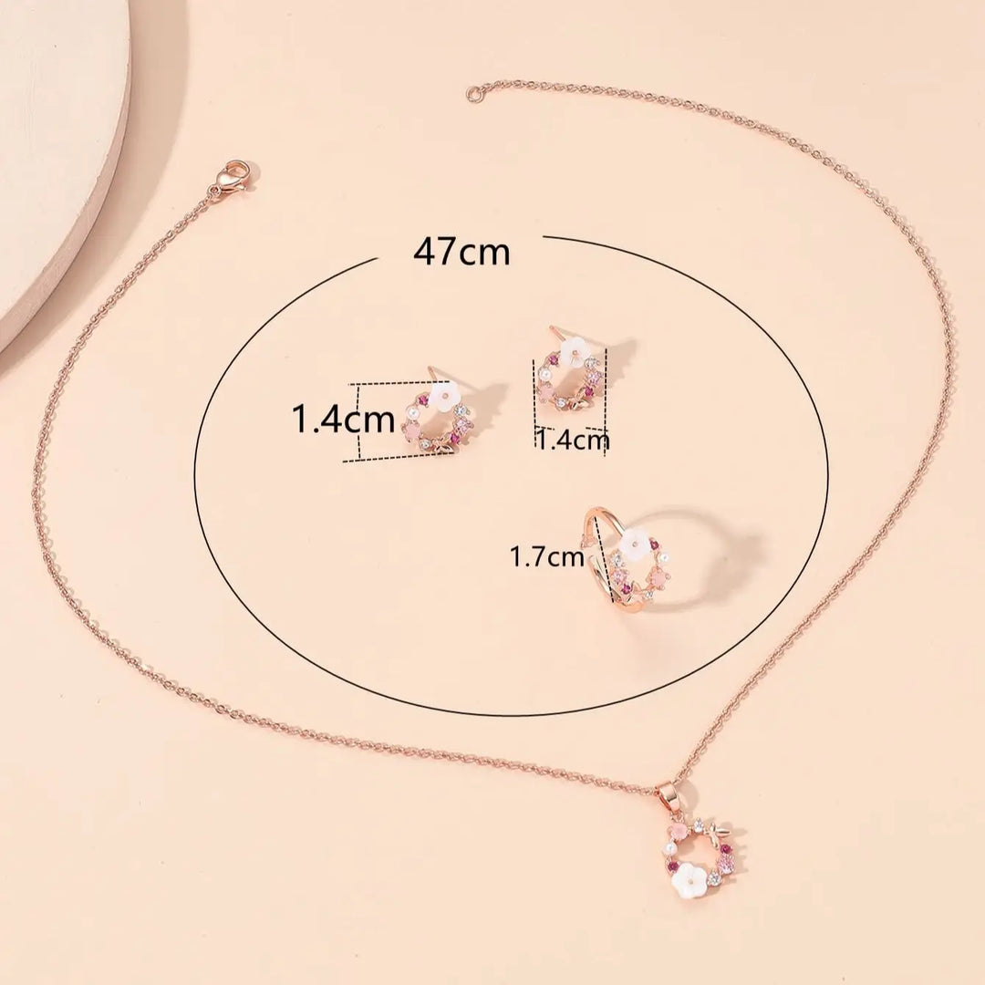 Schmuckset für Damen in Roségold mit Blumenmuster – Halskette, Ring &amp; Ohrringe