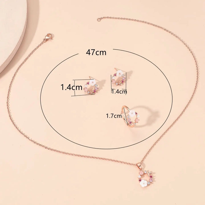 Schmuckset für Damen in Roségold mit Blumenmuster – Halskette, Ring &amp; Ohrringe