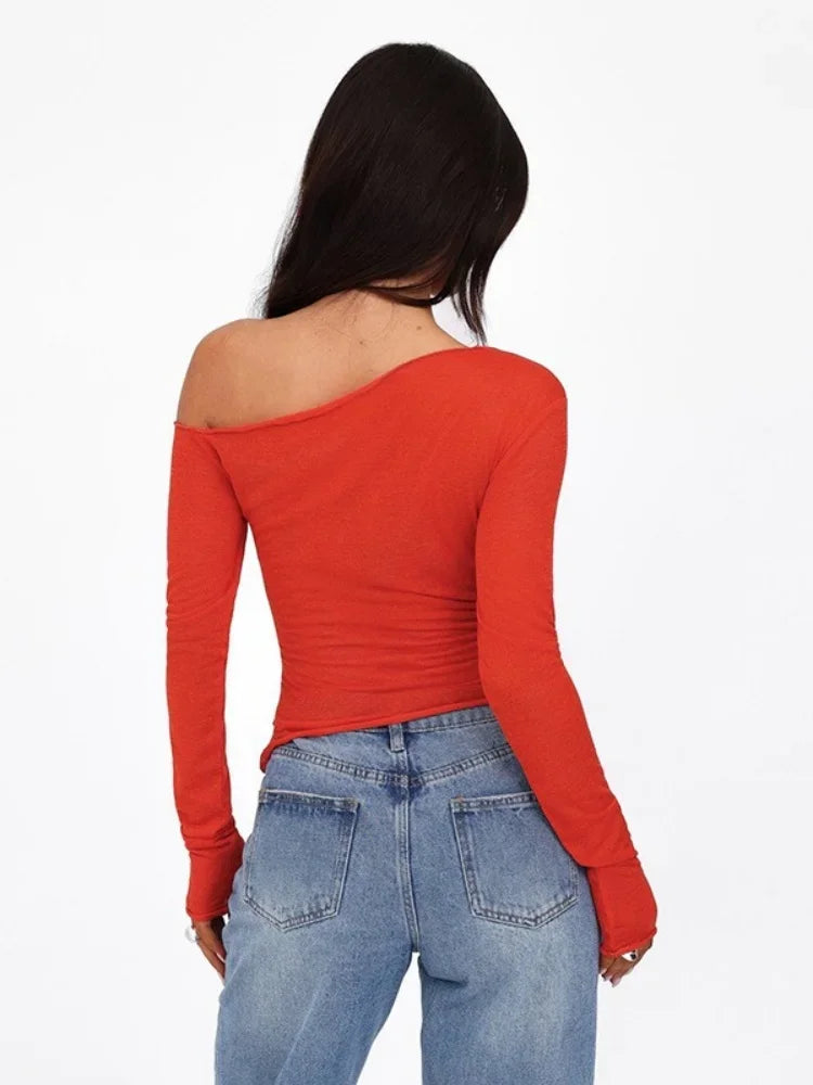 One Shoulder T Shirts For Women Aesthetic Clothes Sashes Crop Top Y2k Accessories Long Sleeve Lady Tshirt Ropa Mujer Camisetas