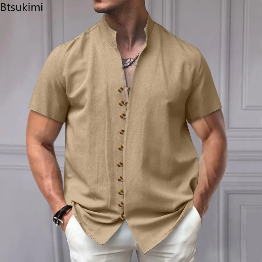 Summer New Short Sleeve Shirts for Men Fashion Solid Casual Linen Tops Breathable Stand Collar Loose Beach Blouses Men Clothing