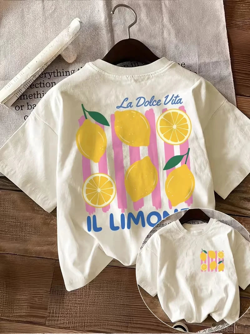 Men's and Women's T-shirts, Bright Lemon Print T-shirts, Short-sleeved Round Neck Casual Shirts, Suitable for Summer.