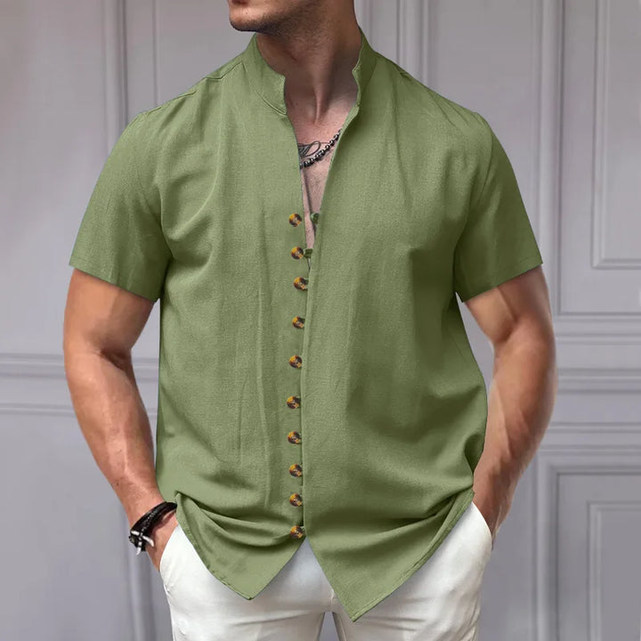 Summer New Short Sleeve Shirts for Men Fashion Solid Casual Linen Tops Breathable Stand Collar Loose Beach Blouses Men Clothing