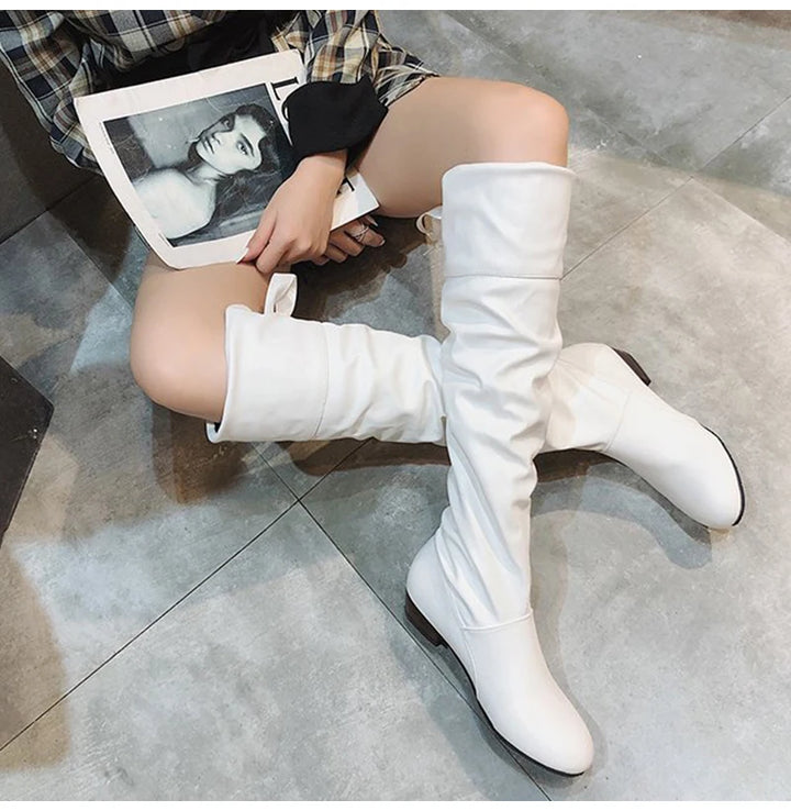2024 Women’s Knee-High Boots – Pleated Leather, Low Heel, Casual Shoes