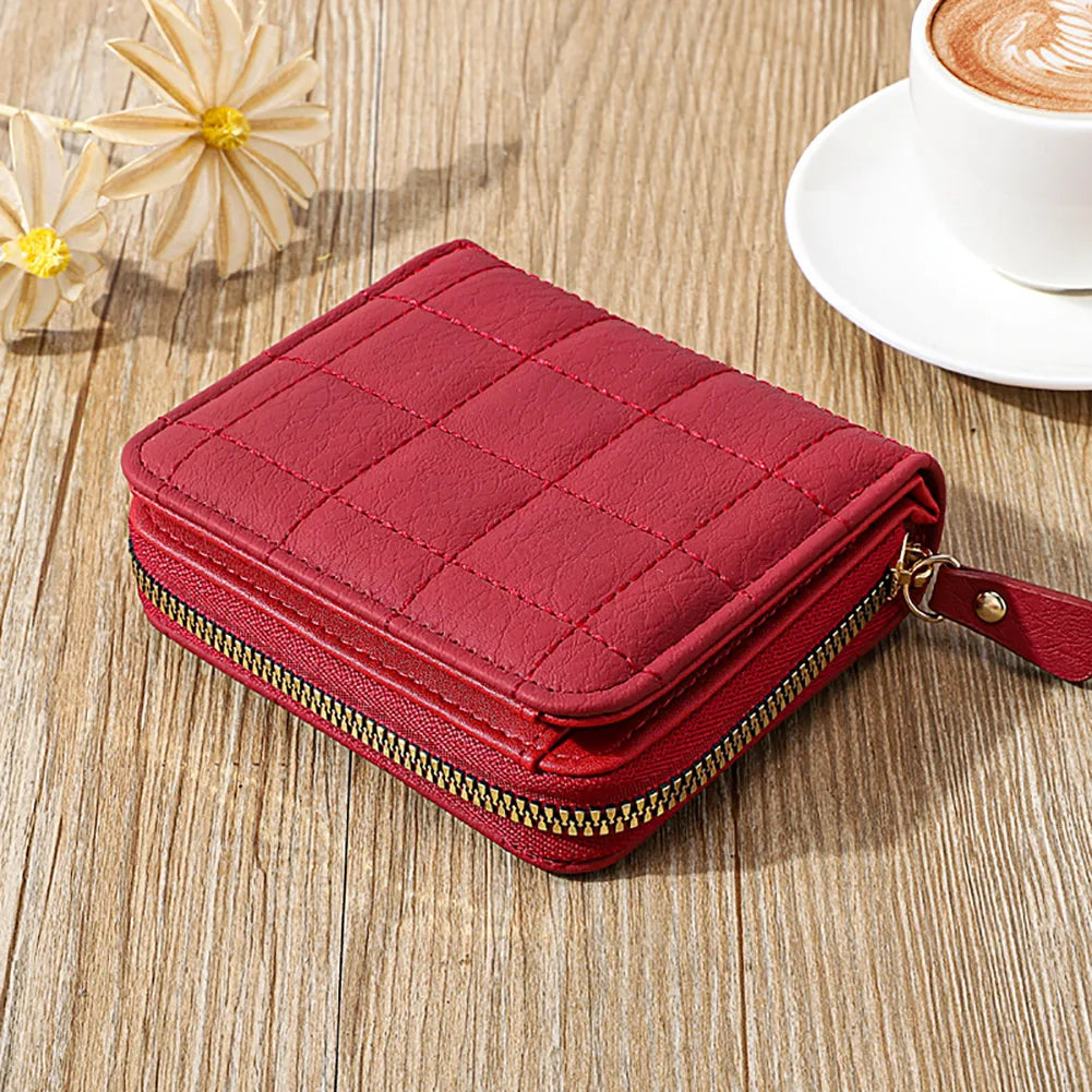 Women’s PU Leather Plaid Wallet – Small Card & Coin Holder with Zipper