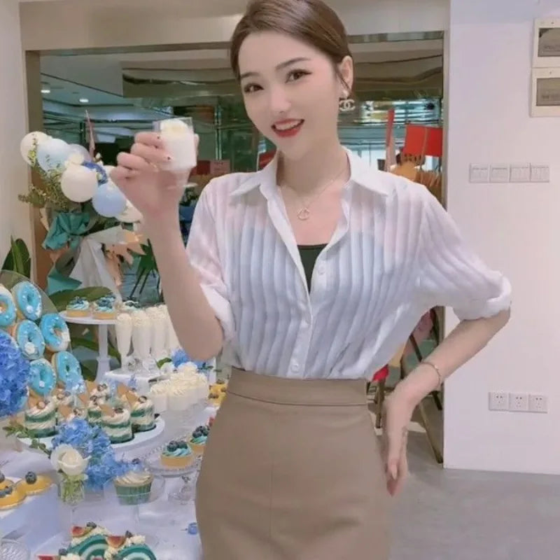 See Through Black Striped Shirts Women  Spring Summer Casual Long Sleeve Y2k Blusas Sexy Ladies White Chiffon Tops and Blouses