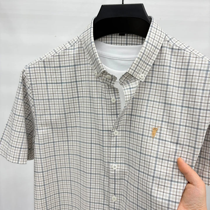 Short Sleeved Shirt for Men in Summer, Thin Design for Men, High-end Checkered Embroidered Shirt, Pure Cotton Top