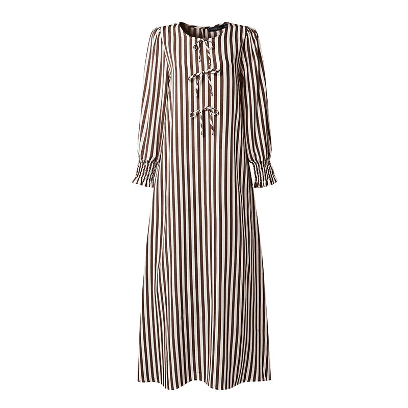 ZANZEA Fashion Muslim Dresses Ramadan Abaya Elegant Women O  Neck Long Sleeve Striped Sundress Casual Kaftan Dubai Robe Femme
