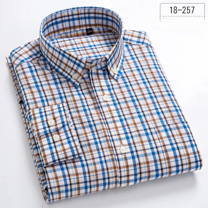 New in Shirt 100% Cotton Long-Sleeve Shirts for Men Slim Fit Plain Shirt Thin Plaid Striped Tops Fashion Elegants Office Clothes