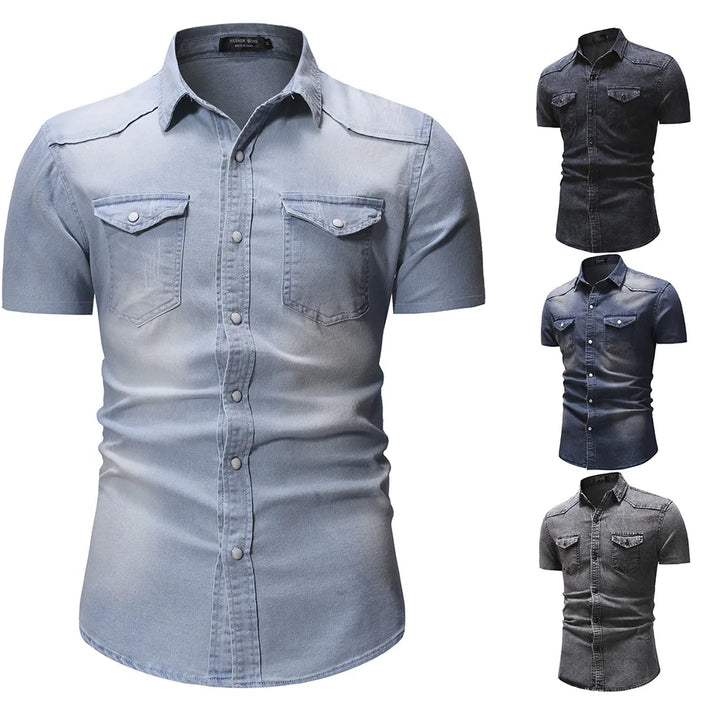 Men Denim Shirts Tops Shirt Short Sleeve Button Turn Down Collar Single Breasted Slim Fit Solid Simple Casual Splice Top 2024