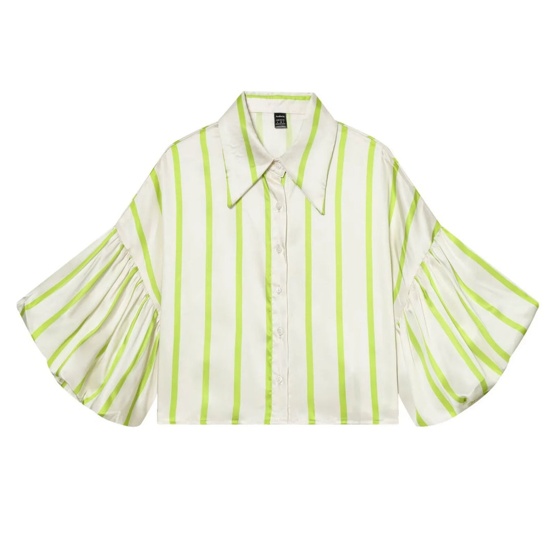 Women Striped Shirts Female Loose-Fit Bubble Sleeve Printed Shirts Lady Casual Youthful Energetic Short Sleeved Tops Clothing