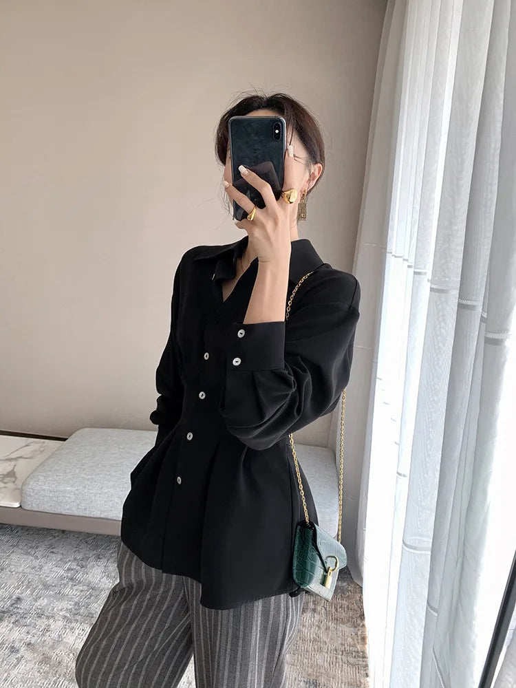 Elegant Women Shirts Woman Waist Long Sleeve Lapel Single Breasted Sashe Shirt Office Lady Business Pleated Ruched Blouses Tops