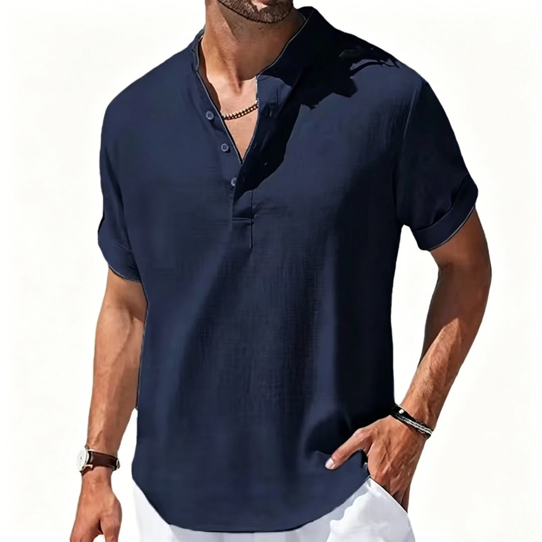 Summer Men's Short Sleeve Shirts Solid Color Stand Up Collar T Shirts Loose Casual Beach Shirt Breathable Male Linen Tops