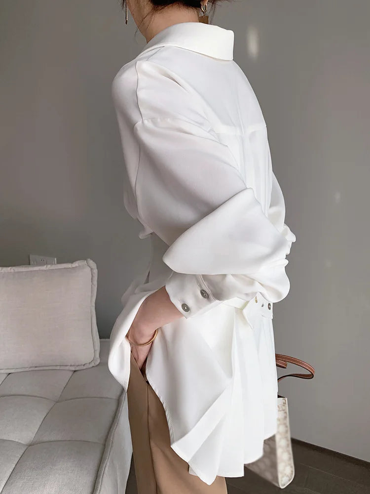 Elegant Women Shirts Woman Waist Long Sleeve Lapel Single Breasted Sashe Shirt Office Lady Business Pleated Ruched Blouses Tops
