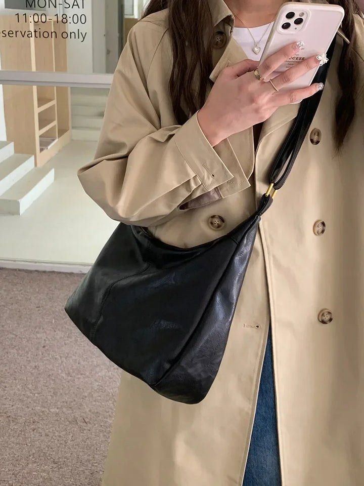 Women’s Soft PU Leather Tote – Foldable Slouchy Crossbody Handbag with Zipper