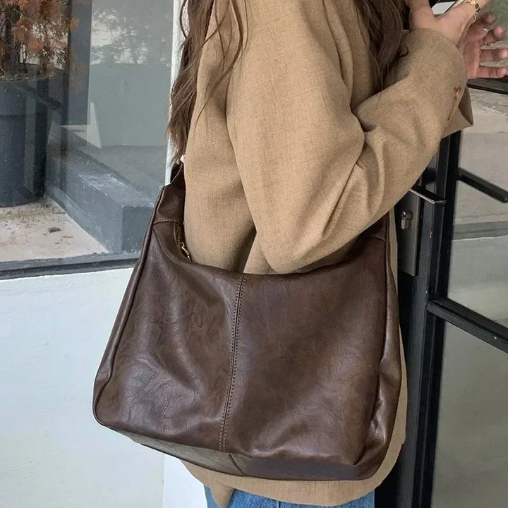 Women’s Soft PU Leather Tote – Foldable Slouchy Crossbody Handbag with Zipper