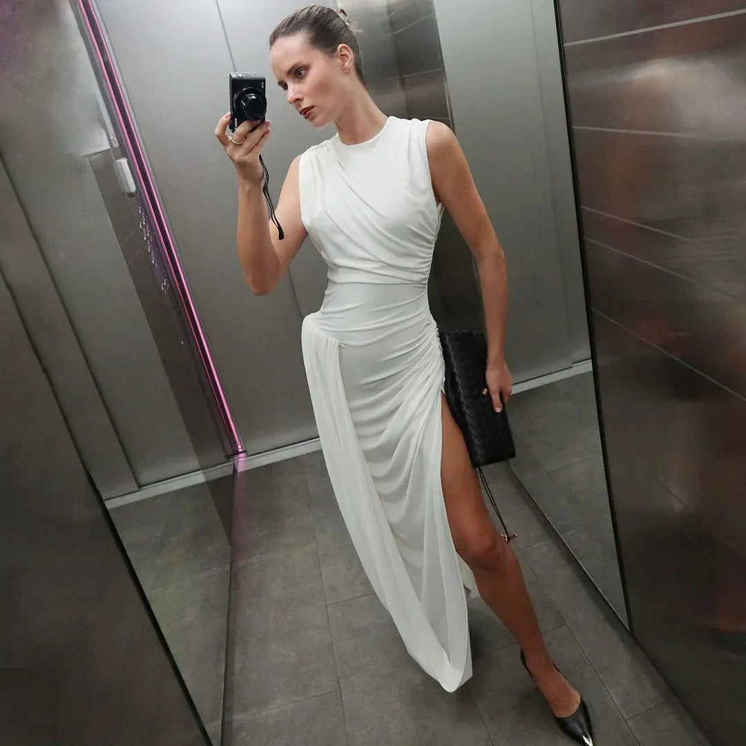 Woman Clothing O-neck Sleeveless Tunics High Slit Long Dress Streetwear Y2K Female High Waist Ruched Solid Holiday Party Dresses