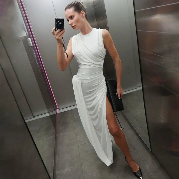 Woman Clothing O-neck Sleeveless Tunics High Slit Long Dress Streetwear Y2K Female High Waist Ruched Solid Holiday Party Dresses