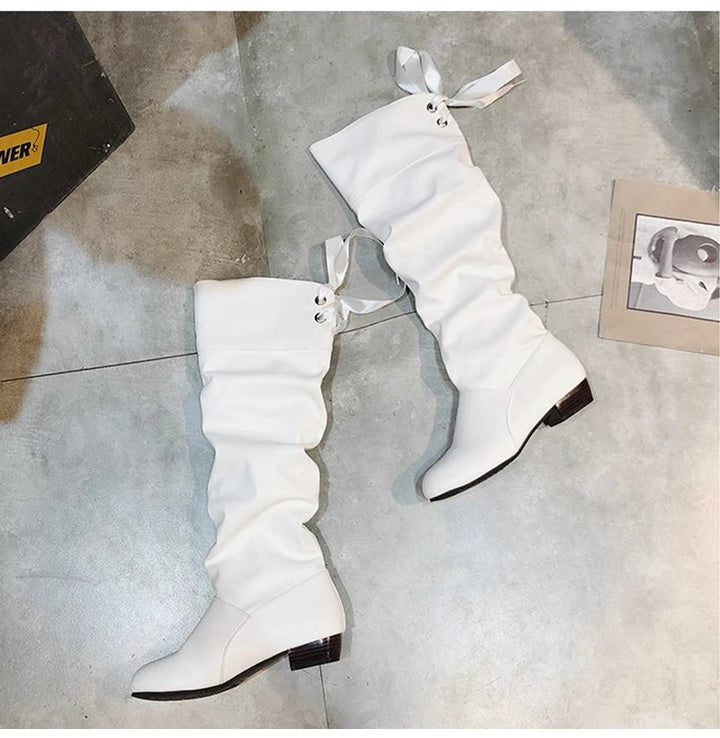 2024 Women’s Knee-High Boots – Pleated Leather, Low Heel, Casual Shoes