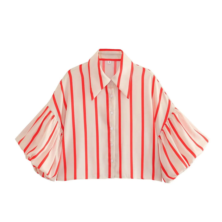 Women Striped Shirts Female Loose-Fit Bubble Sleeve Printed Shirts Lady Casual Youthful Energetic Short Sleeved Tops Clothing