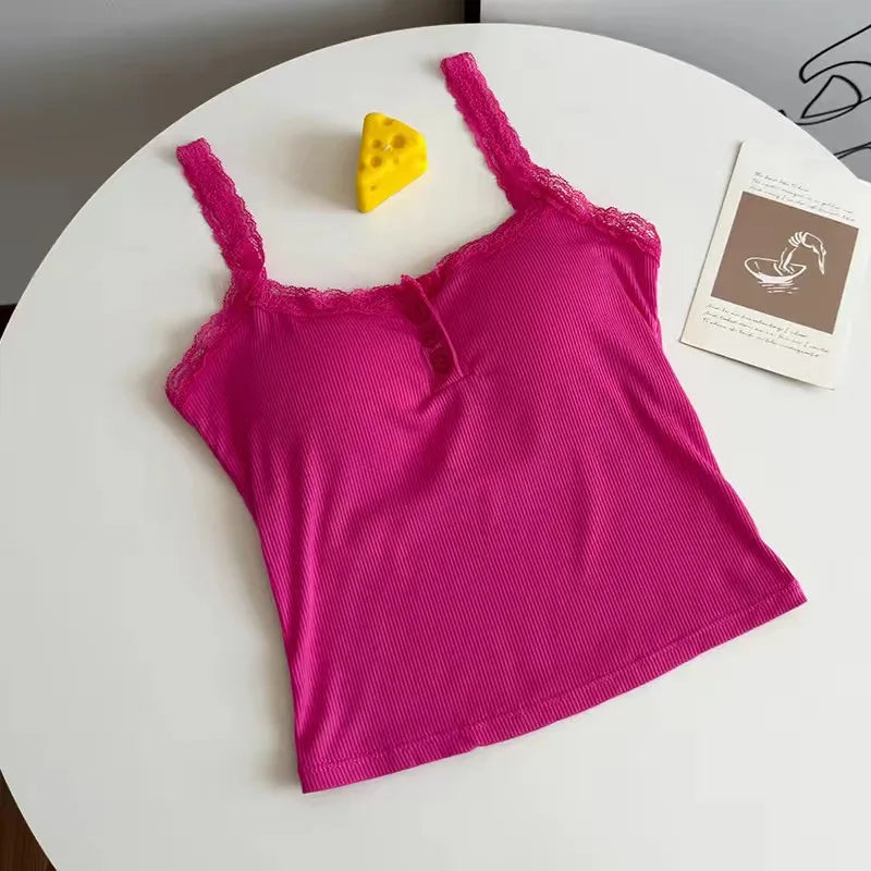 Women’s Sexy Lace Cropped Top – Sleeveless Camisole with Built-In Cups